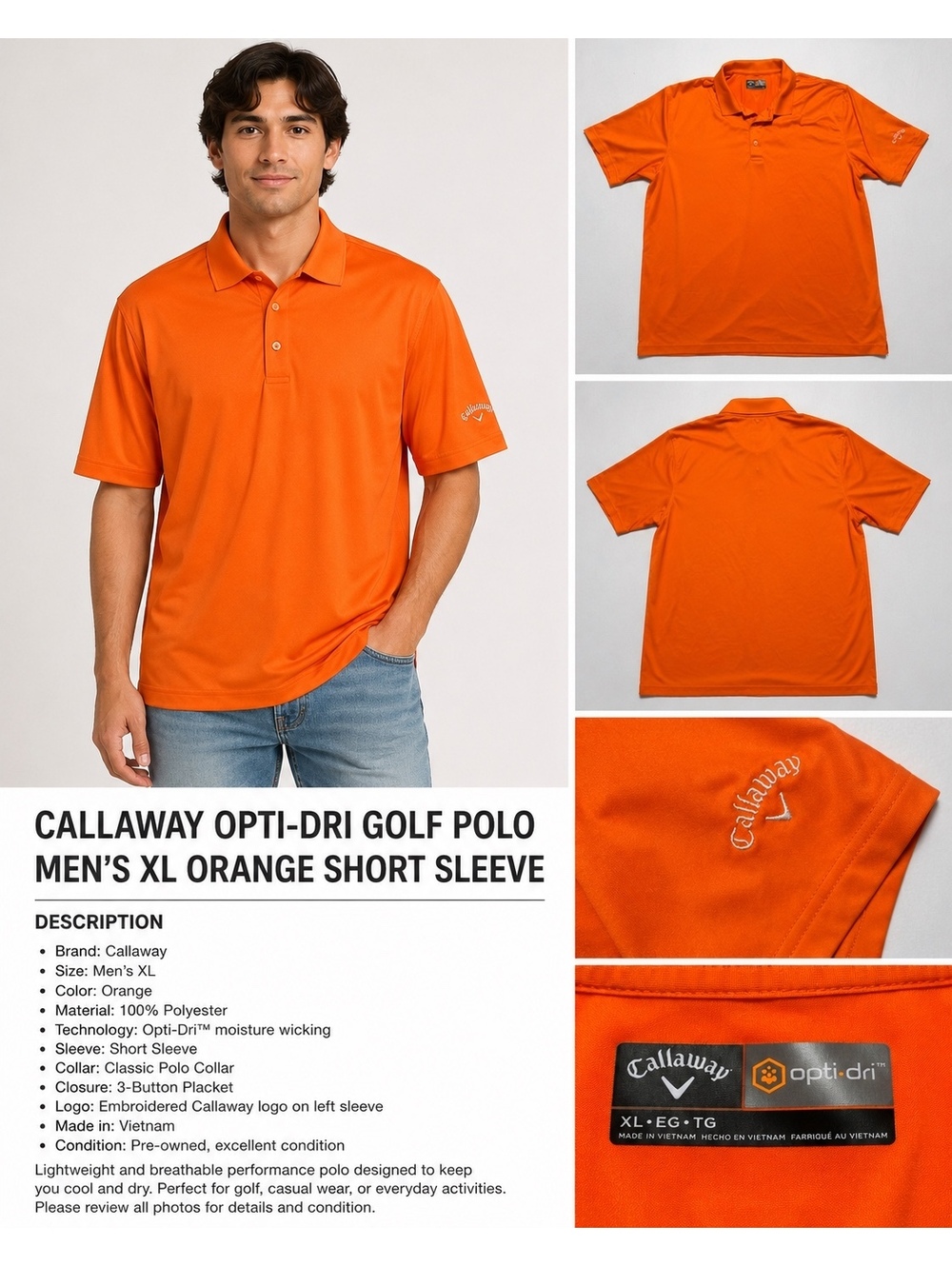Callaway Opti-Dri Men’s XL Orange Golf Polo Shirt Short Sleeve Performance
